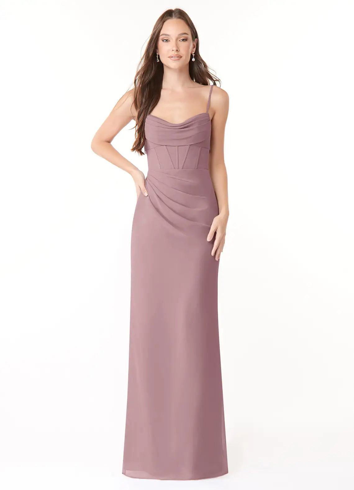 Dusty Rose Fitted Pleated Chiffon Dress