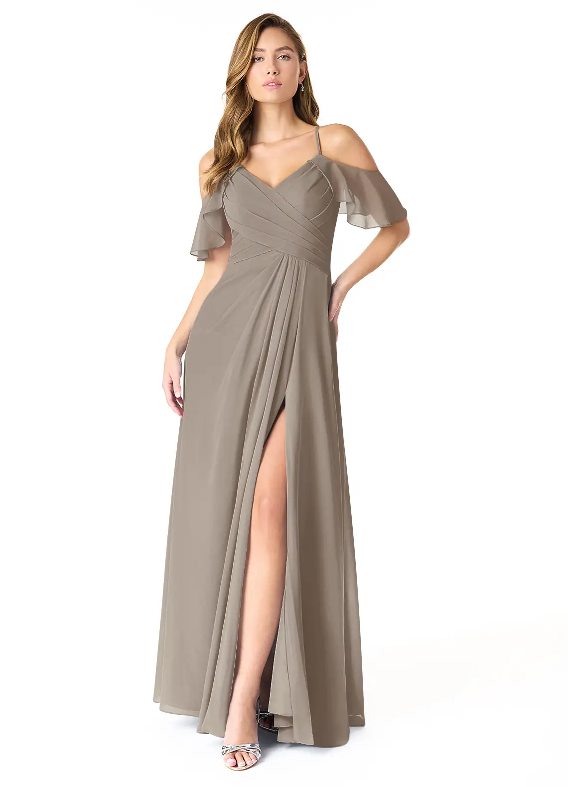 Taupe A-Line V-Neck Pleated Chiffon Dress