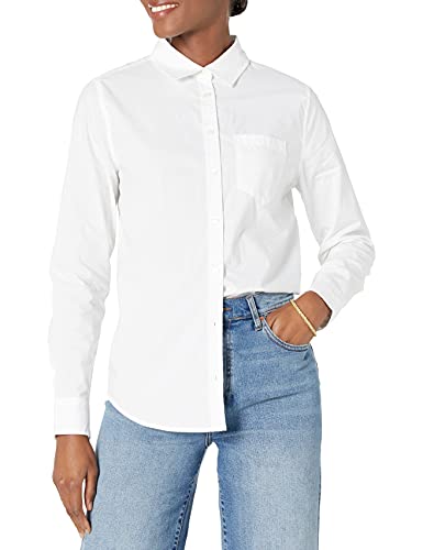 Amazon Essentials Women's Regular-Fit Long-Sleeve Button-Down Poplin Shirt, White,...