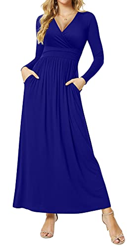 CATHY Women Long Sleeve Deep V Neck Casual Pleated Waist Maxi Dresses with Pockets,...