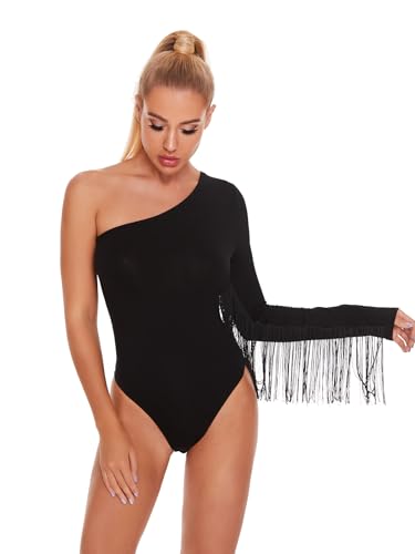 Verdusa Women's Fringe Trim One Shoulder Long Sleeve Thong Bodysuit Top Black M