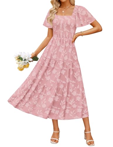 ZESICA Women's Summer Boho Floral Midi Dresses 2025 Casual Short Sleeve Square Neck...