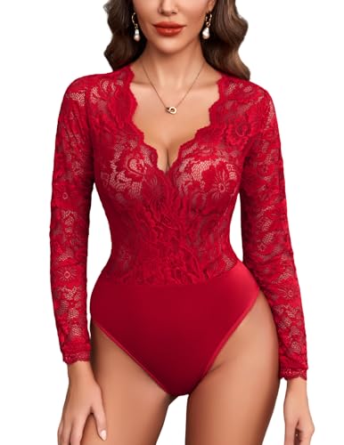 Avidlove Red Bodysuit for Women Lace Lingerie Teddy Long Sleeve Clubwear Outfits V...