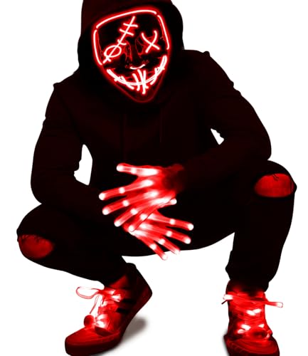 3 Set Halloween LED Mask Light Up Gloves and Glow Shoelaces Scary Mask Halloween...