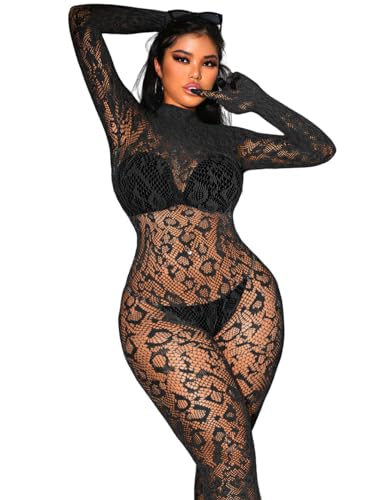 EHSUYAB Sexy Lace Leopard Jumpsuit For Women, Fishnet Bodysuit Glow Party Club,...