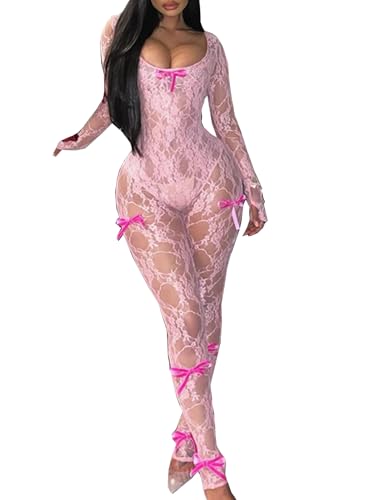 Mojessy Sexy Sheer Outfits for Women Lace Long Sleeve U Neck Bodycon Jumpsuit...