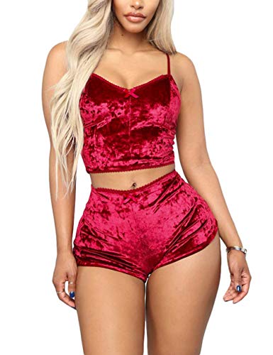 Angsuttc Women's Velvet 2 Piece Outfit Spaghetti Strap Sleeveless Crop Top+ Shorts...