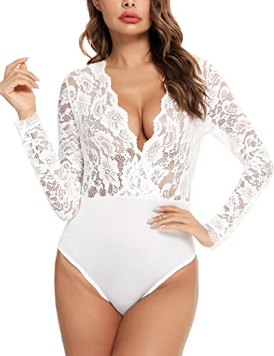 TLGAVQUEEN Women Lace Bodysuit Long Sleeve Top Sexy V Neck Mesh Teddy Jumpsuit...