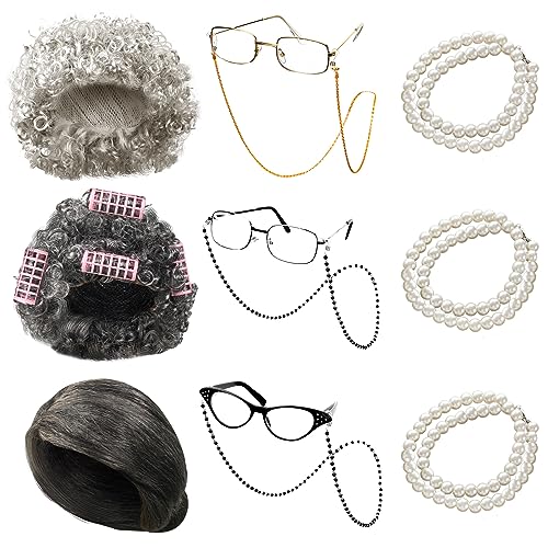Ceenna 9 Pcs Old Lady Party Wig Costume Set Include Grandma Wig Glasses with Chain...