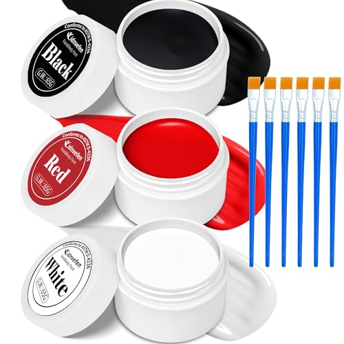 3 Colors Oil Based Face Body Paint Set with 6 Brushes, White Black Red Clown Makeup...