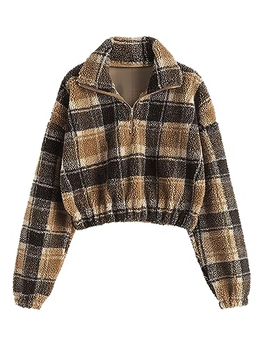 ZAFUL Women's Fashion Long Sleeve Lapel Half Zip Plain Faux Fur Sweatshirt Solid...