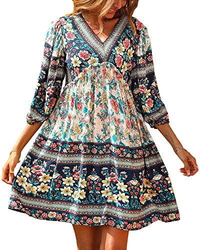 BTFBM Women Casual Spring Summer Dresses V Neck 3/4 Long Sleeve Ruffle Floral Flowy...