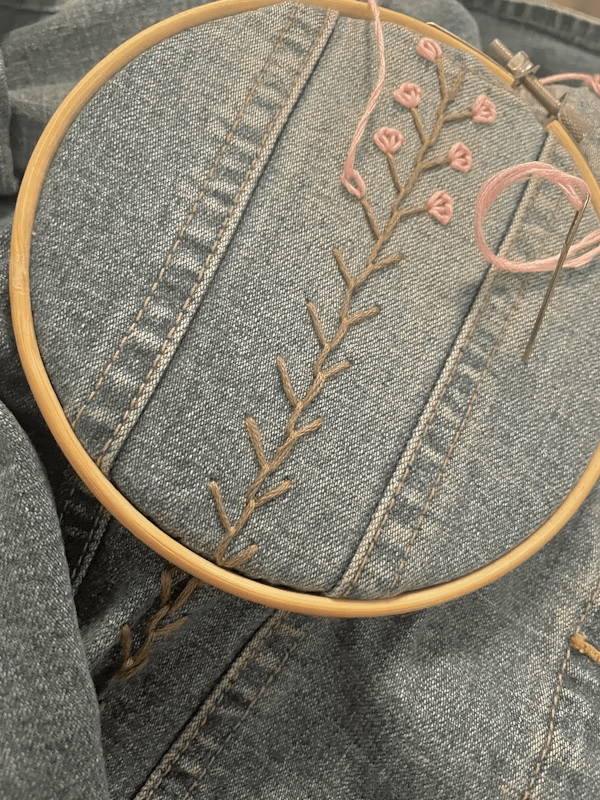 Close-up of embroidered jeans