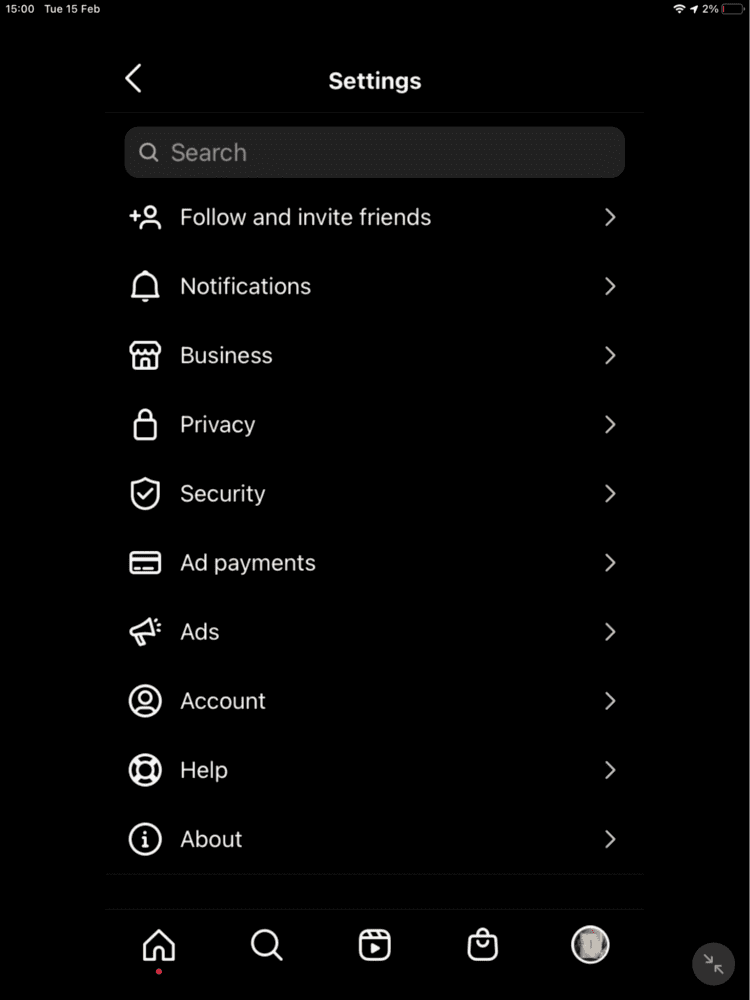 Instagram "Settings" Screen