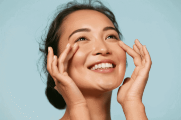 Happy woman enjoying skincare routine