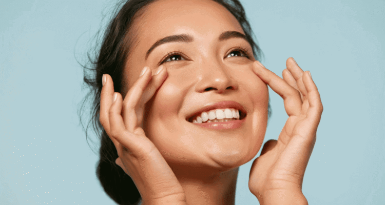 Happy woman enjoying skincare routine