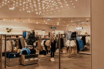 Interior of sustainable clothing store with chandelier