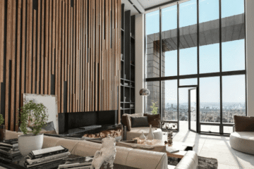 Luxury living room with stylish furniture and large window