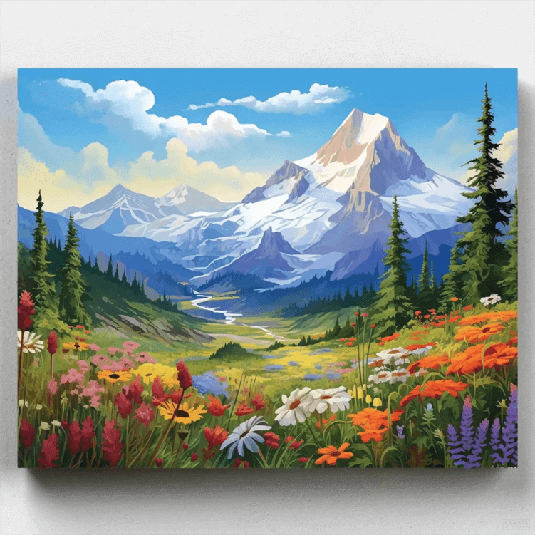Painting of mountain scene with wildflowers for custom wall art