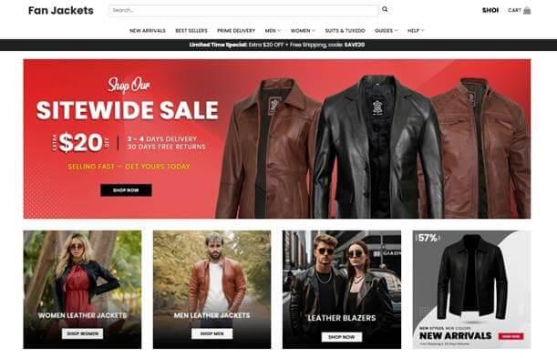 Storefront page showcasing leather jackets from Fan Jackets